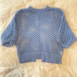Women's Open-Knit Sweater Size Small, Blue, Y2K Cropped Boho Chic